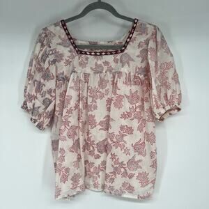 Umber & Ochre Handwoven Cotton Peasant Top Floral Sz XS/S Cream Embroidered Neck